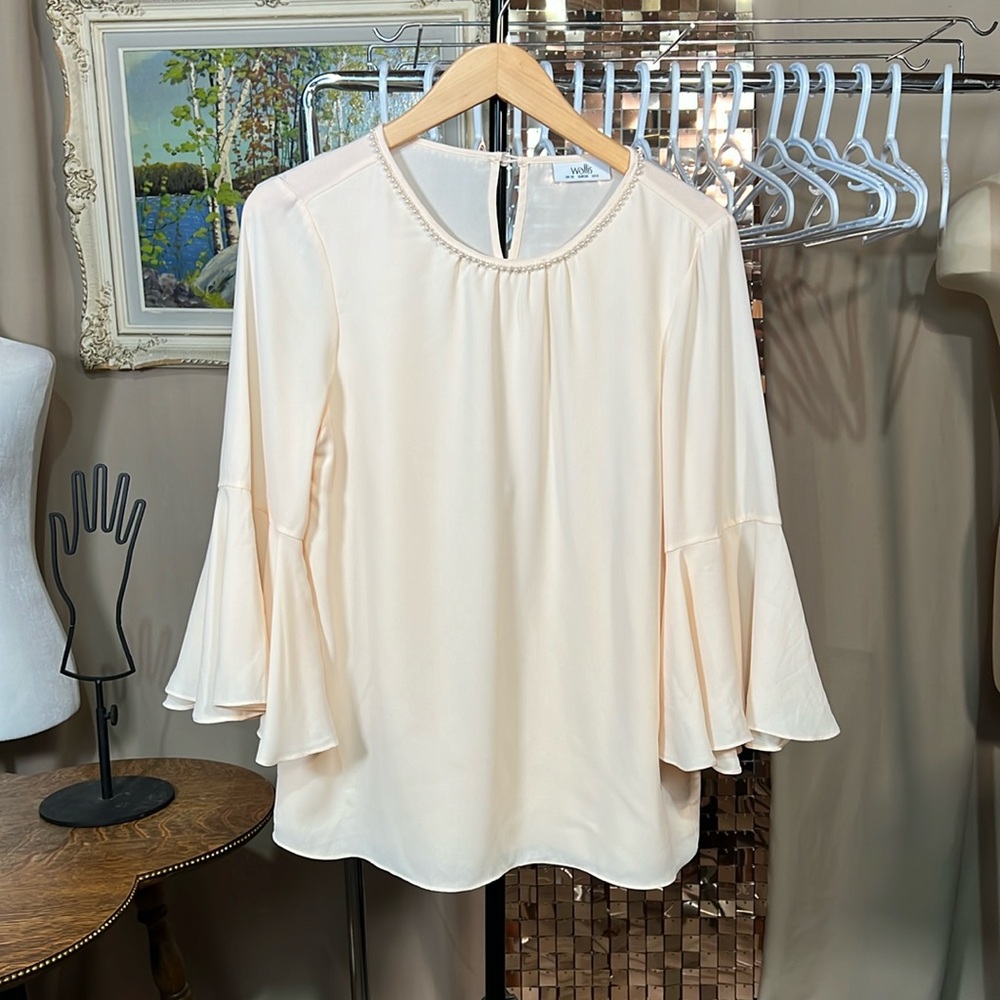 Wallis Peachy Sheer Layered Bell Sleeve Blouse Faux Pearl Neckline P2P 17-18”